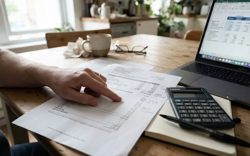 A broker and client reviewing a home loan cost breakdown together at a table with paperwork and a laptop