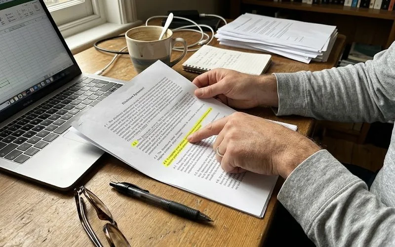 A mortgage broker explaining loan documents and disclosure paperwork to a client in an office setting