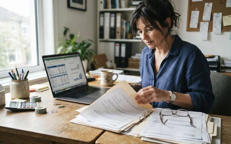 A business owner reviewing commercial property and business loan paperwork in an office or retail fit-out space