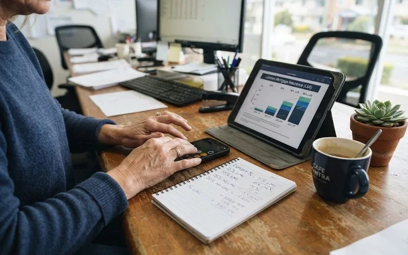 A first home buyer calculating deposit size and lenders mortgage insurance costs with a laptop and notepad