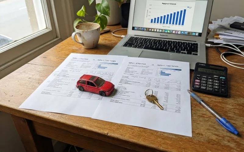A person comparing a car dealership finance offer against their home loan redraw balance on a phone and laptop