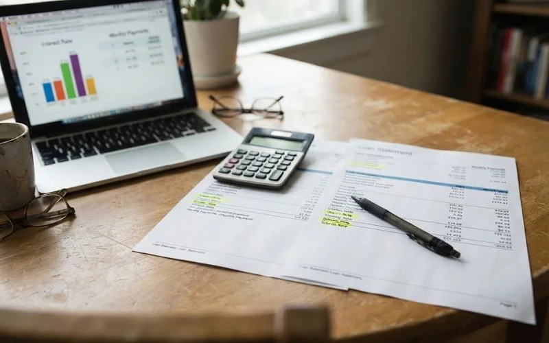 A homeowner comparing their current home loan rate against a refinance offer using a laptop and printed statements
