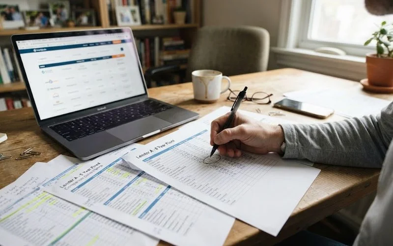 A person reviewing loan application documents and a laptop showing lender comparison options at a kitchen table