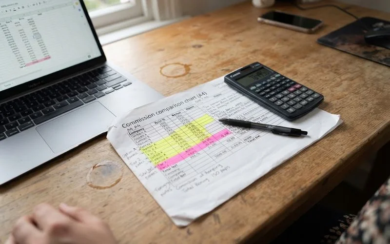 Close-up of a loan comparison document with commission and fee figures highlighted alongside a calculator