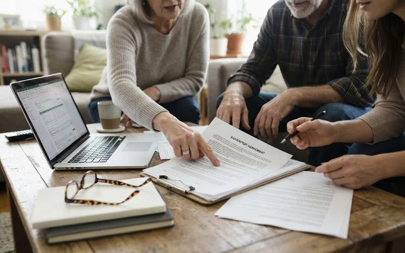 A parent and adult child reviewing guarantor loan paperwork together with a broker at a table