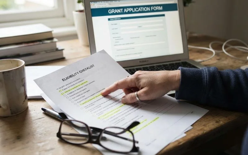 A first home buyer couple reviewing paperwork about grants and stamp duty concessions with an advisor
