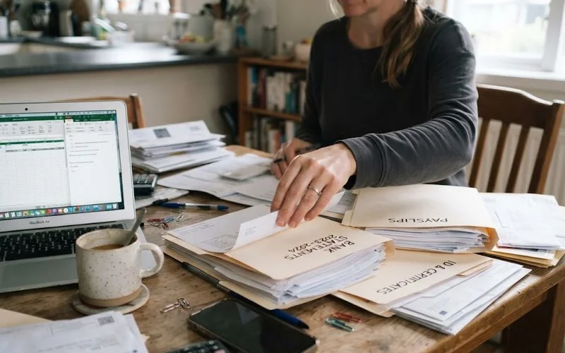 A first home buyer organising payslips, bank statements and identification documents on a desk before a broker meeting