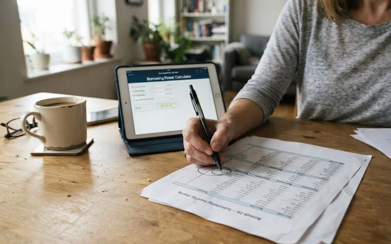 A property investor reviewing rental yield figures and a loan serviceability calculation on a laptop