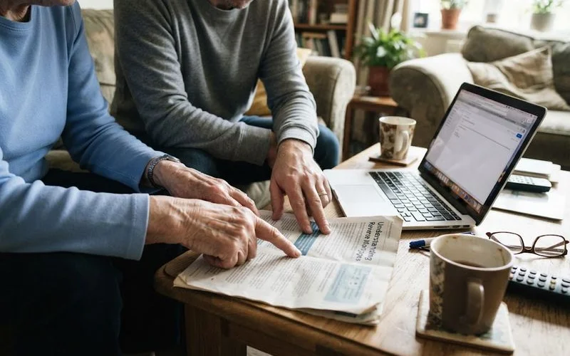 An older homeowner reviewing reverse mortgage paperwork with a family member and an advisor at the kitchen table
