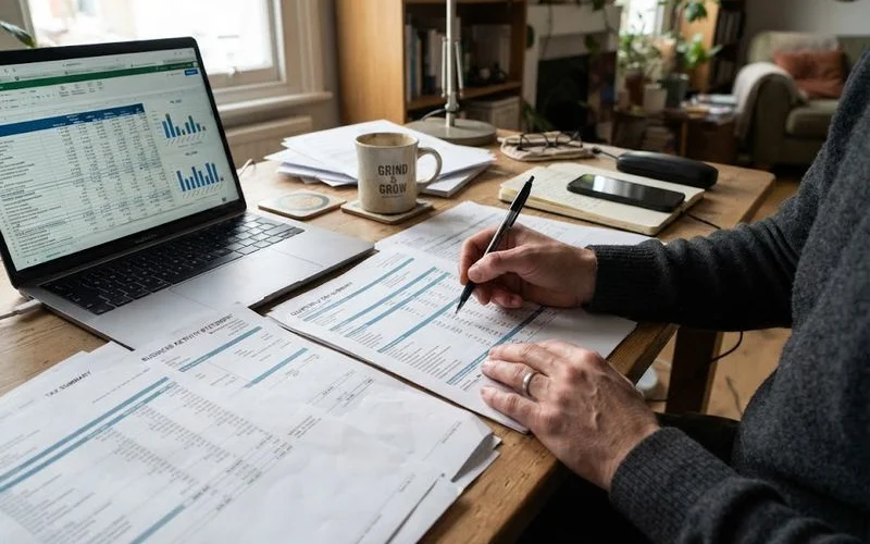 A self-employed business owner reviewing tax returns and business financial statements at a desk