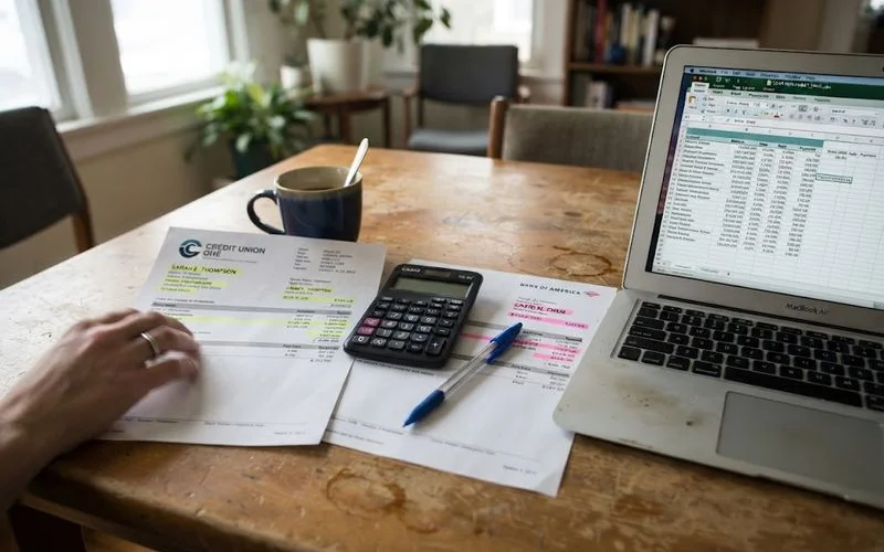 A separated couple's home with moving boxes and paperwork on a table, representing dividing shared property finances