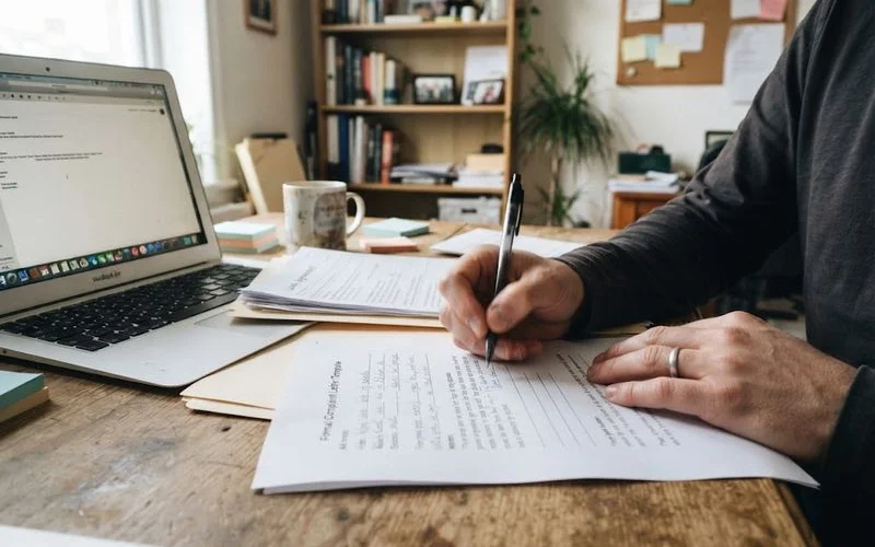 A person writing a formal email of complaint about mortgage broker communication on a laptop